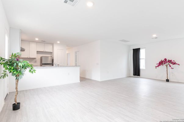 Empty room, Interior, Kitchen, Recessed Lighting, Wood Texture Flooring