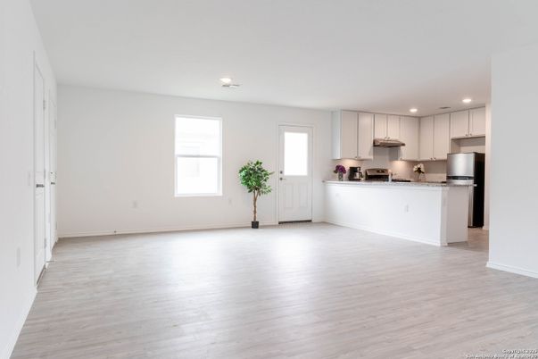 Empty room, Interior, Kitchen, Recessed Lighting, Wood Texture Flooring