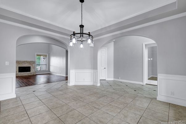 Empty room, Fireplace, Interior, Pendant Lights, Wood Texture Flooring