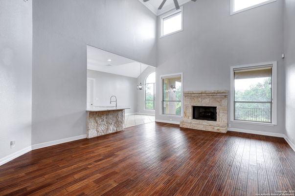 Empty room, Fireplace, Interior, Recessed Lighting, Wood Texture Flooring