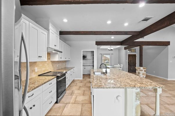 Interior, Kitchen, Recessed Lighting, Stainless Steel Appliances, Wooden Beams