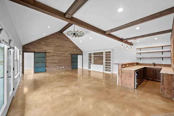 Empty room, Interior, Recessed Lighting, Stone Walls, Wooden Beams