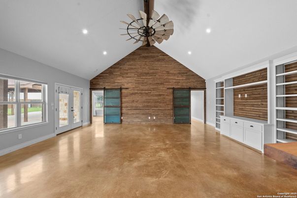 Empty room, Fireplace, Interior, Recessed Lighting, Stone Walls, Wooden Walls