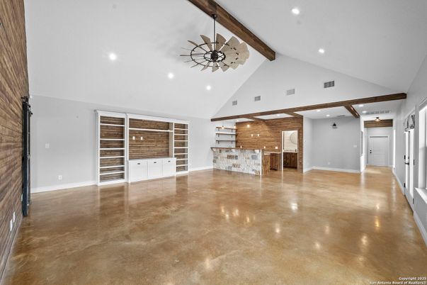 Empty room, Interior, Recessed Lighting, Stone Walls, Wooden Beams