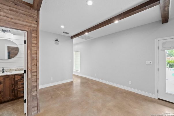 Bathroom, Empty room, Interior, Recessed Lighting, Wooden Beams, Wooden Walls