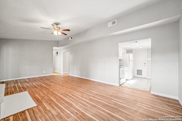 Empty room, Interior, Kitchen, Recessed Lighting, Wood Texture Flooring