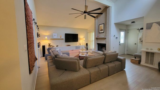 Fireplace, Interior, Living room, Pendant Lights, Stone Walls, Wood Texture Flooring