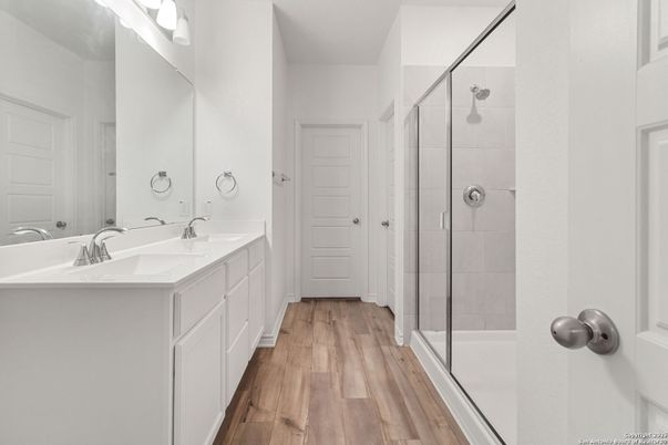 Bathroom, Dual Sink Vanities, Glass Shower, Interior, Wood Texture Flooring