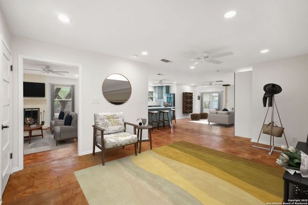 Fireplace, Interior, Living room, Recessed Lighting, Wood Texture Flooring