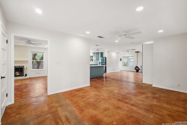 Empty room, Fireplace, Interior, Recessed Lighting, Wood Texture Flooring