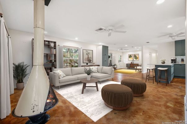Dining room, Fireplace, Interior, Living room, Recessed Lighting