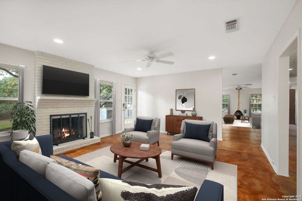 Fireplace, Interior, Living room, Recessed Lighting, Wood Texture Flooring