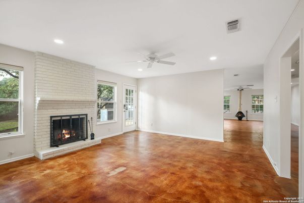 Empty room, Fireplace, Interior, Recessed Lighting, Wood Texture Flooring