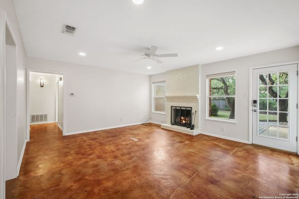 Empty room, Fireplace, Interior, Recessed Lighting, Wood Texture Flooring