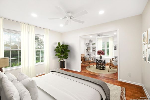 Bedroom, Dining room, Interior, Recessed Lighting, Wood Texture Flooring