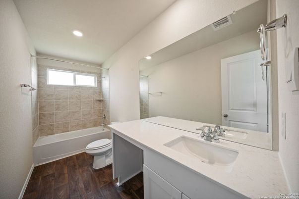 Bathroom, Dual Sink Vanities, Interior, Recessed Lighting, Wood Texture Flooring