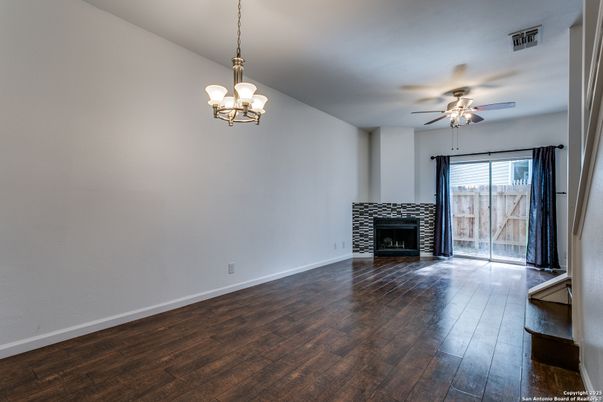 Chandelier, Empty room, Fireplace, Interior, Wood Texture Flooring