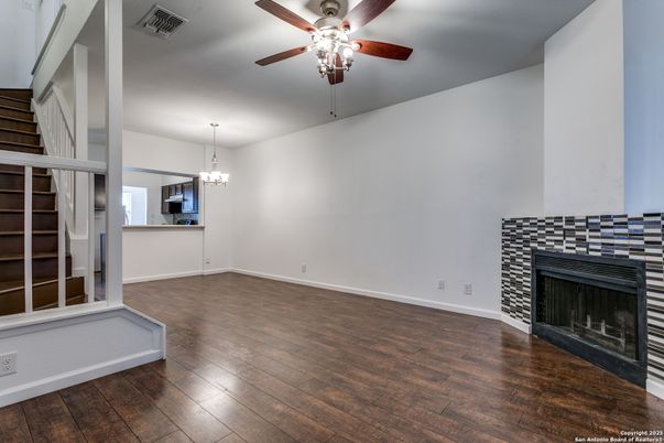 Chandelier, Empty room, Fireplace, Interior, Pendant Lights, Wood Texture Flooring