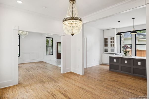 Chandelier, Interior, Kitchen, Pendant Lights, Recessed Lighting, Wood Texture Flooring