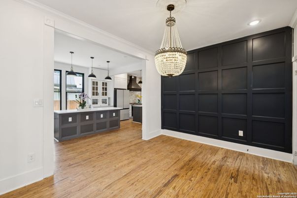 Chandelier, Interior, Kitchen, Pendant Lights, Recessed Lighting, Wood Texture Flooring