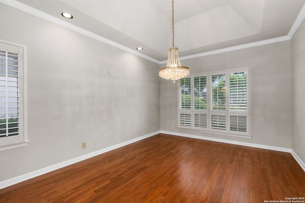 Chandelier, Empty room, Interior, Recessed Lighting, Wood Texture Flooring