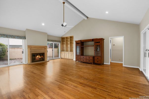 Empty room, Fireplace, Interior, Recessed Lighting, Wood Texture Flooring