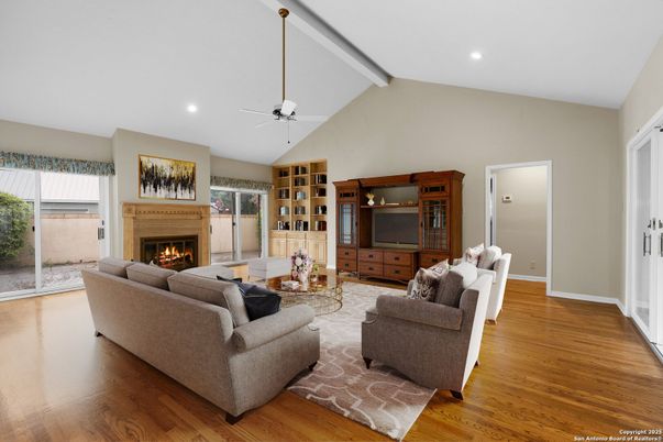 Fireplace, Interior, Living room, Recessed Lighting, Wood Texture Flooring