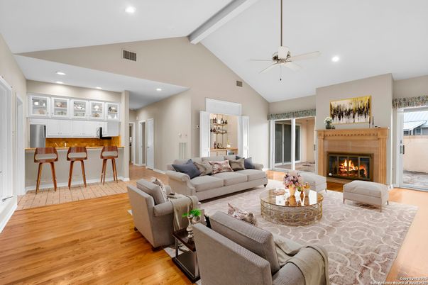Fireplace, Interior, Kitchen, Living room, Recessed Lighting, Wood Texture Flooring