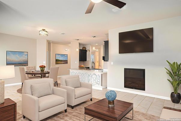Dining room, Fireplace, Interior, Kitchen, Living room, Pendant Lights, Recessed Lighting, Stainless Steel Appliances