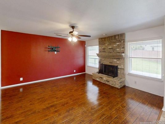 Empty room, Fireplace, Interior, Stone Walls, Wood Texture Flooring