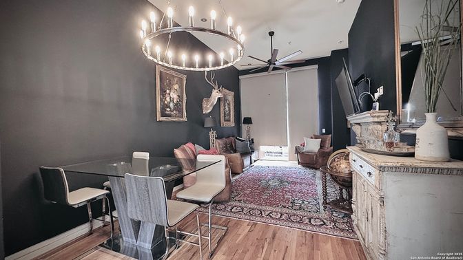 Chandelier, Dining room, Interior, Recessed Lighting, Wood Texture Flooring