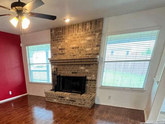 Empty room, Fireplace, Interior, Stone Walls, Wood Texture Flooring