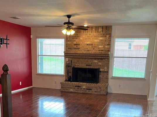 Empty room, Fireplace, Interior, Stone Walls, Wood Texture Flooring