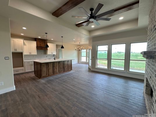 Interior, Kitchen, Pendant Lights, Recessed Lighting, Wooden Beams, Wood Texture Flooring