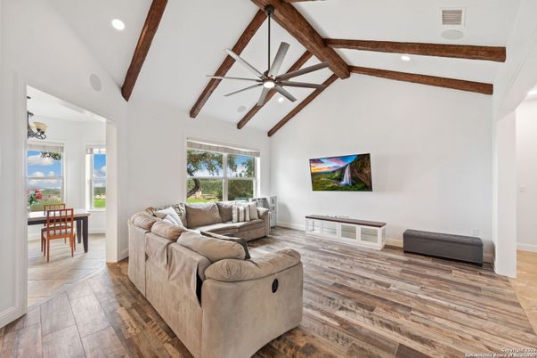 Dining room, Interior, Living room, Recessed Lighting, Wooden Beams, Wood Texture Flooring