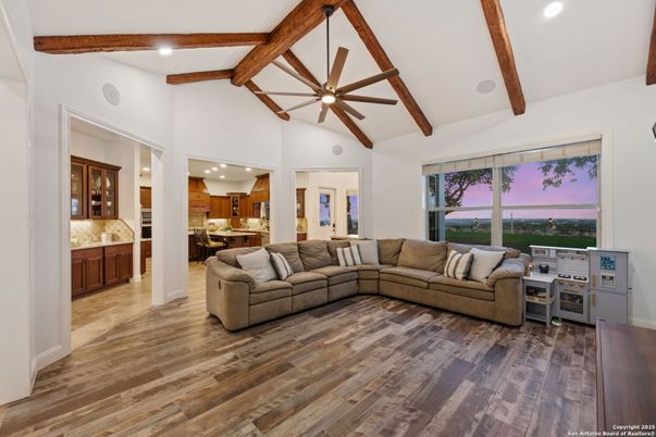 Interior, Kitchen, Living room, Recessed Lighting, Wooden Beams, Wood Texture Flooring