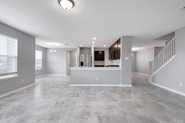 Empty room, Interior, Kitchen, Pendant Lights, Recessed Lighting, Stainless Steel Appliances