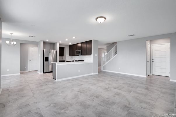Chandelier, Empty room, Interior, Kitchen, Recessed Lighting, Stainless Steel Appliances