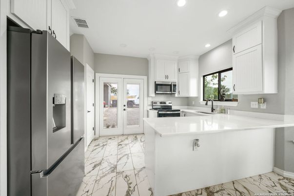 Interior, Kitchen, Marble, Recessed Lighting, Stainless Steel Appliances