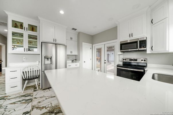 Interior, Kitchen, Marble, Recessed Lighting, Stainless Steel Appliances