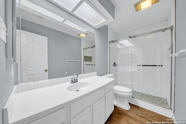 Bathroom, Glass Shower, Interior, Wood Texture Flooring