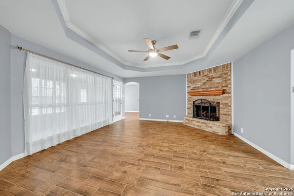 Empty room, Fireplace, Interior, Stone Walls, Wood Texture Flooring