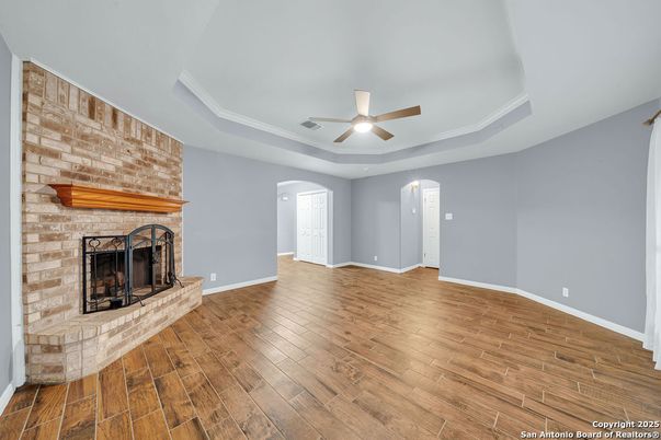 Empty room, Fireplace, Interior, Recessed Lighting, Wood Texture Flooring