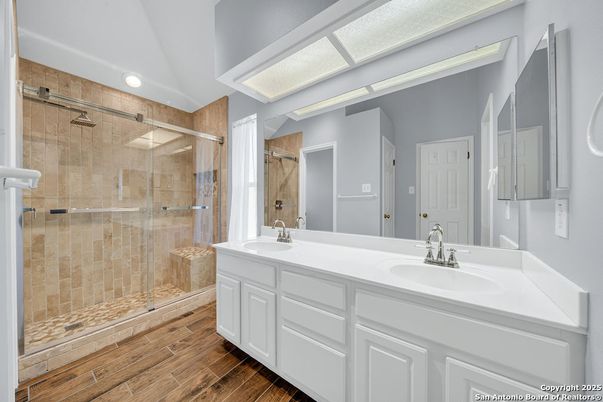 Bathroom, Dual Sink Vanities, Glass Shower, Interior, Wood Texture Flooring