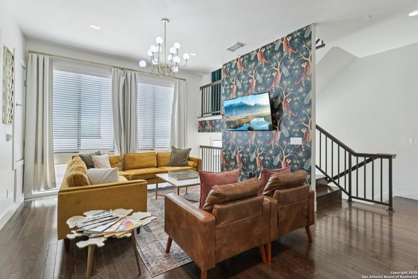 Chandelier, Interior, Living room, Recessed Lighting, Wood Texture Flooring
