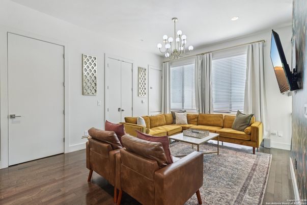 Chandelier, Interior, Living room, Recessed Lighting, Wood Texture Flooring