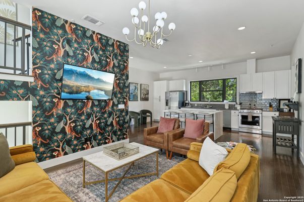 Chandelier, Interior, Kitchen, Living room, Recessed Lighting, Stainless Steel Appliances, Wood Texture Flooring