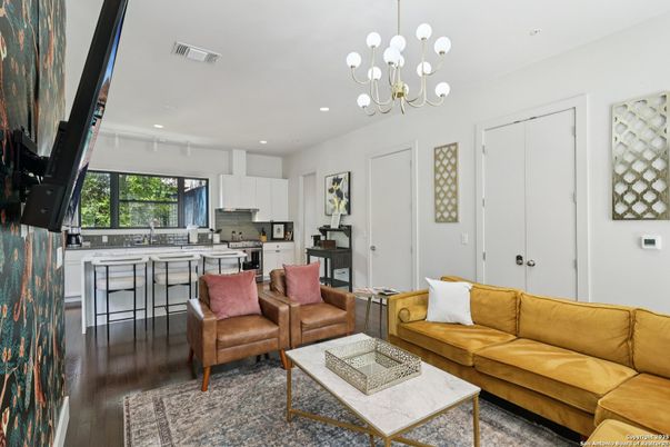 Chandelier, Interior, Kitchen, Living room, Recessed Lighting, Wood Texture Flooring