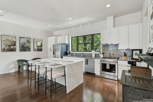 Interior, Kitchen, Recessed Lighting, Stainless Steel Appliances, Wood Texture Flooring