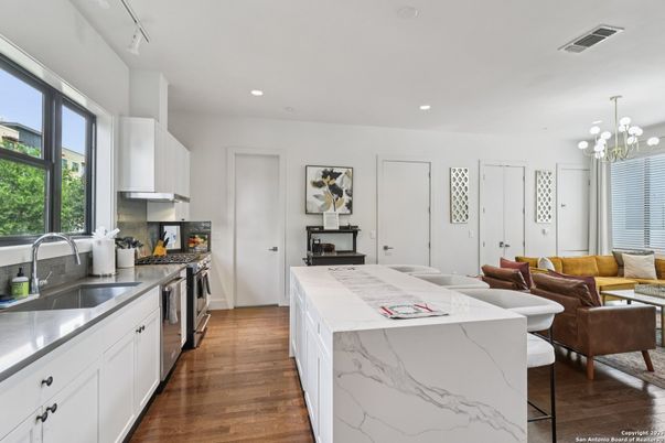 Interior, Kitchen, Living room, Pendant Lights, Recessed Lighting, Wood Texture Flooring